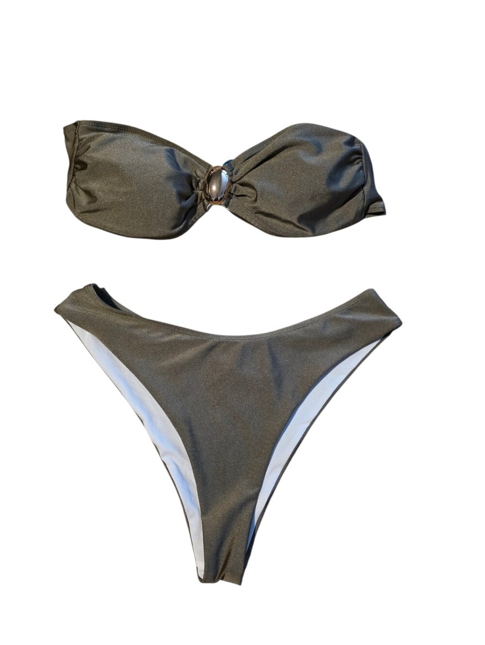 Olive Green Tie Back Bandeau With Gold-tone Hardware Bikini Set Ladies Medium